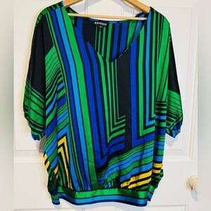 Express Women's Striped V-Neck Blouse in Green, Blue, and Yellow